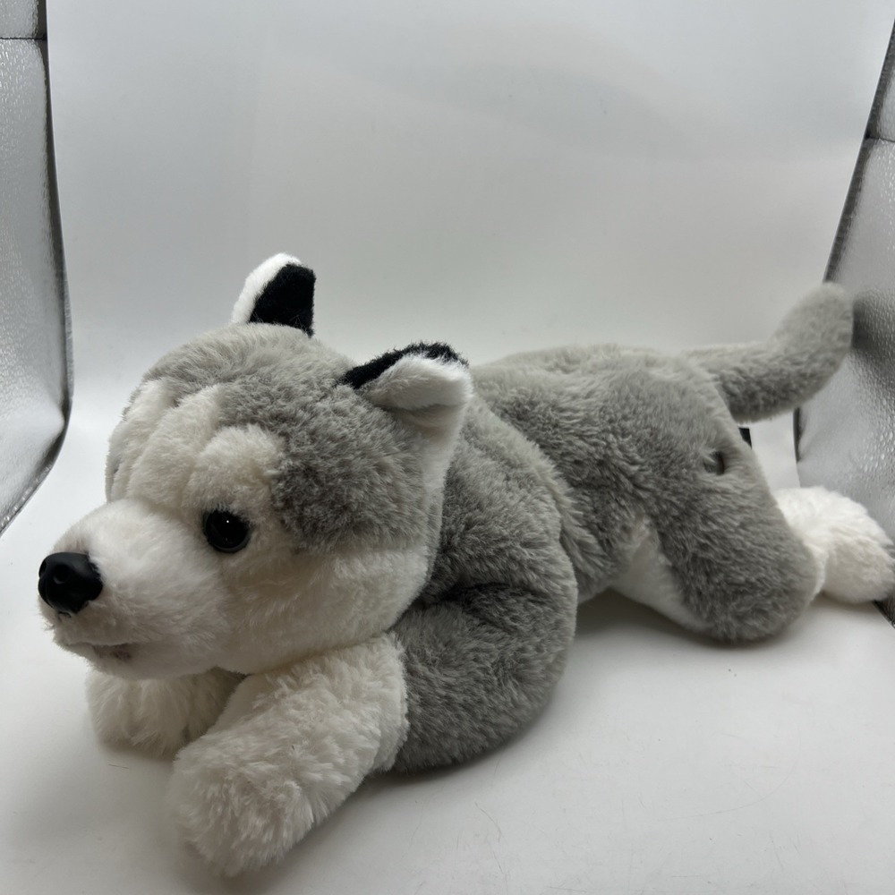 FAO Schwarz Stuffed 14" Plush Husky Dog Laying White Gray